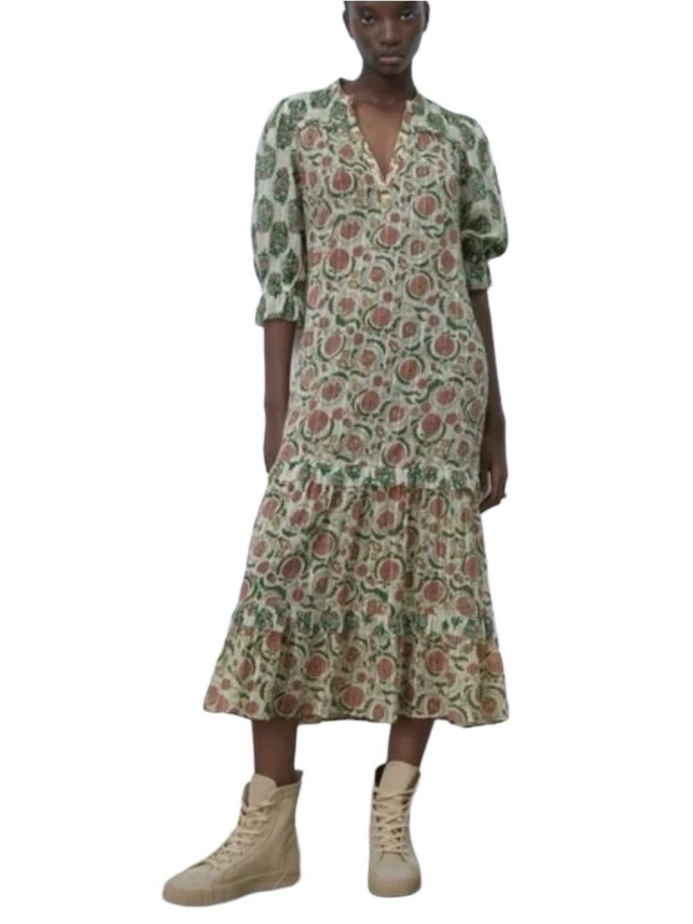 Zara Green and Rust Floral Midi Dress with Puff Sleeves
